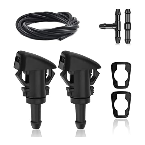 deemars Front Windshield Washer Nozzles - Replacement for Chrysler, Dodge, Jeep, Ram - Replaces OEM #4805742AB 4805742AC 5113049AA 55077460AA, Wiper Spray Washer Jet with Fluid Hose and Connectors Cover