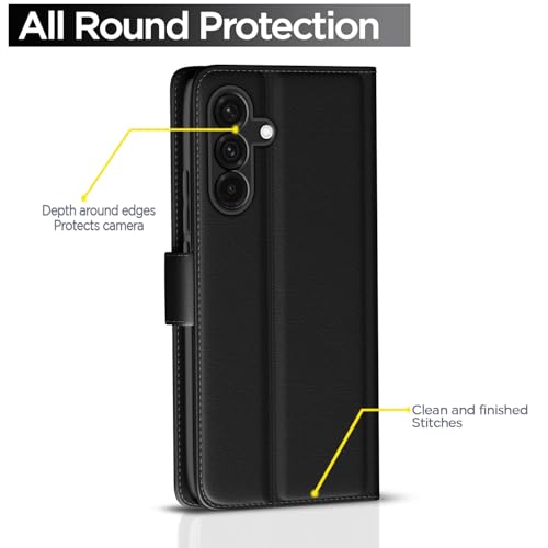 Image of Pikkme Flip Cover Leather Finish | Inside TPU with Card Pockets | Wallet Stand and Shock Proof | Complete Protection Button Flip Case for Samsung Galaxy A56 5G(Black)