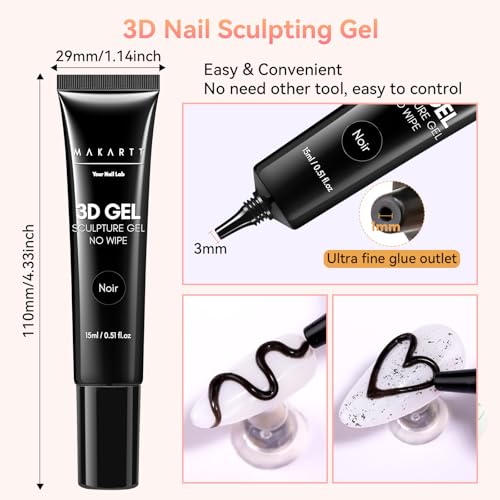 Makartt 3D Gel Nail Art: 15g Sculpting Gel Nail Art Glue for Craving Black Candy Molding Gel No Wipe Embossed Gel Polish Rhinestone Nails Charm Glue Decoration Manicure Designs (Noir)