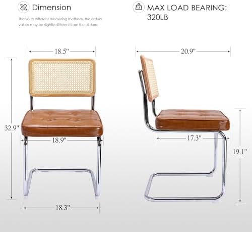 Zesthouse Natural Rattan Dining Chairs Set of 2, Modern Dining Room Chairs with Solid Wood Back for Kitchen Living Room, Mid Century Breuer Design Inspired, Upholstered Faux Leather Brown - Thumbnail 4