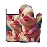 Generic Ofenhandschuhe und Topflappen mit niedlichem Schweinchen-Motiv, hitzebeständige Küchenhandschuhe zum Kochen, Backen, Grillen, Grillen