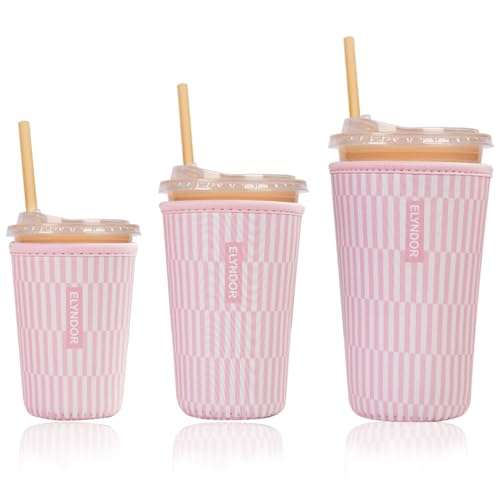 Image of Reusable Insulated Sleeve for Iced Coffee Cup, 3-Pack Coffee Neoprene Drink Sleeve for Cold & Hot Drinks, Beverage Holder for Iced Coffee (Pink Ripples)