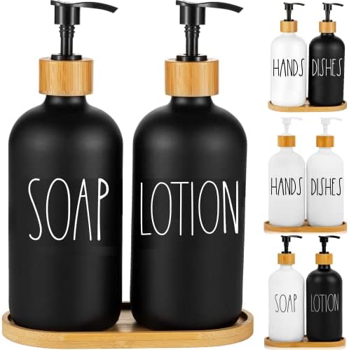 Bathroom Soap and Lotion Dispenser Set with Tray by Brighter Barns - Black Glass Hand Soap Dispenser Set - Farmhouse Bathroom Decor, Boho Bathroom Decor, Matte Black Bathroom Accessories Set (Black)