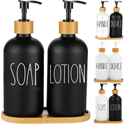 Bathroom Soap and Lotion Dispenser Set with Tray by Brighter Barns - Black Glass Hand Soap Dispenser Set - Farmhouse Bathroom Decor, Boho Bathroom Decor, Matte Black Bathroom Accessories Set (Black)