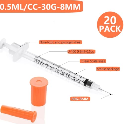 Image of 1 /2ml 30G 5 /16 Inch Measuring Syringes Lab Supplies, Individually Sealed Wrapped - Pack of 20