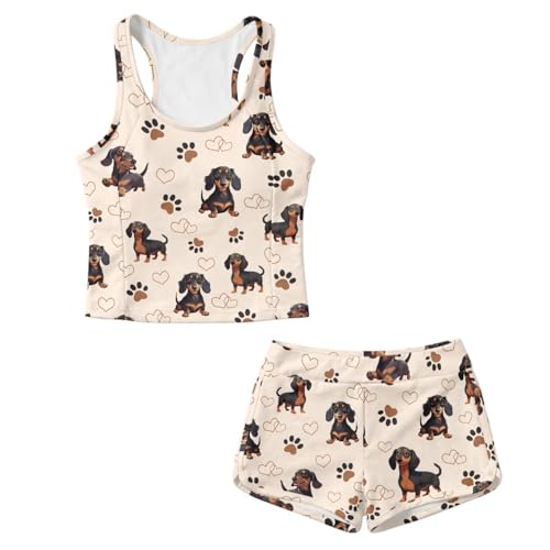 Cndexd Kids Swimsuit for Girl Two Piece Sporty Swim Tank Top and Bottoms Swimsuits for Water Sports & Beach Games, Fashion Dachshund Bathing Suit for Kids 14-15Y