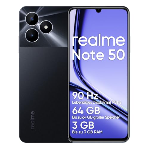 realme Note 50 Android Smartphone, 4G Dual SIM Handy, 6.74 Zoll LCD-Display, 3GB RAM 64GB ROM, Akku 5000mAh, 13MP, Schwarz, nur für GSM-Betreiber, Nicht CDMA kompatibel, ohne Adapter
