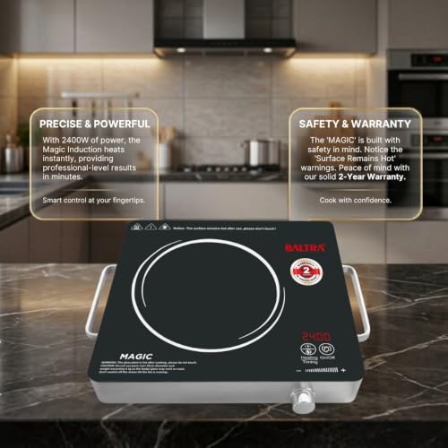 Image of BALTRA Magic 2400 W Infrared Induction Cooktop with Free Stainless Steel Grill for barbecue | Auto Shut Off & Overheat Protection Multi Power Level Function, Digital Display (Black, Touch Control)