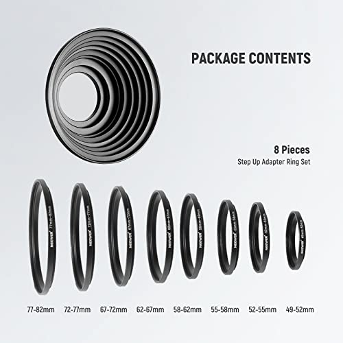 Image of Neewer 8 Pieces Step-up Adapter Ring Set Made of Premium Anodized Aluminum, Includes: 49-52mm, 52-55mm, 55-58mm, 58-62mm, 62-67mm, 67-72mm, 72-77mm, 77-82mm-Black