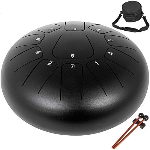 Happybuy Steel Tongue Drum 11 Tones, Handpan Drum 10 Inch, Tongue Drums Black Tank Drum with Drum Bag, Tone Sticker, Music Book and Two Mallets, Steel Tongue Percussion Drum, SG10C11YKLGPBK001V0