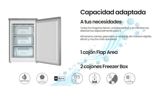 INFINITON CV-A85I - Congelador vertical, 80 Litros, 85 cm, 3 cajones, Control de temperatura, Puerta reversible, Regulación en Altura, E, Inox - imagen 3