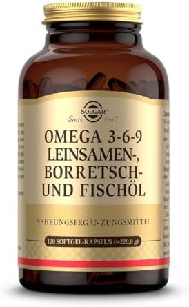 SOLGAR® OMEGA 3-6-9 Softgel-Kapseln, 120 Stück, 40 Tage Vorrat | Ausgewogenes Verhältnis von Omega-3-, 6- und 9-Fettsäuren aus Leinsamen-, Borretsch- und Fischöl, Glutenfrei