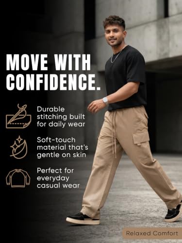 Image of Leriya Fashion Men's Cargo Pants | 6 Pocket Cotton Cargo Joggers for Men | Loose Fit Stylish Pant with Pockets | Casual Baggy Trousers & Streetwear Lower