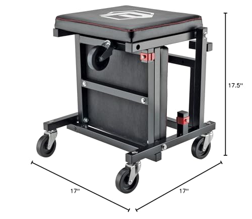 Image of Powerbuilt 2-in-1 Rolling Creeper Seat Converts from High to Low Roller Seat, Fast, Tool-Free Conversion, Garage, Shop, Brake Jobs, Washing, Detailing, Maintenance, Thick Pad, 3-in. Casters - 240298