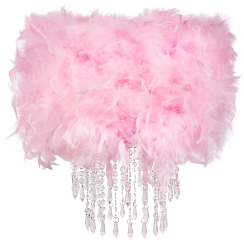 Image of Waneway Feather Lampshade with Acrylic Droplets, Fluffy Lamp Shade for Ceiling Light, Pendant Light, Chandelier, Table Lamp or Floor Lamp, Bedroom Living Hallway Decoration, Pink