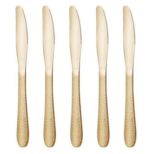 Image of 9 inch Hammered Aurum Gold Dinner Knives | 5-Piece Premium Stainless Steel Flatware Set of Steak Knives | Elegant Dishwasher-Safe Cutlery for Home, Restaurants, and Gifting