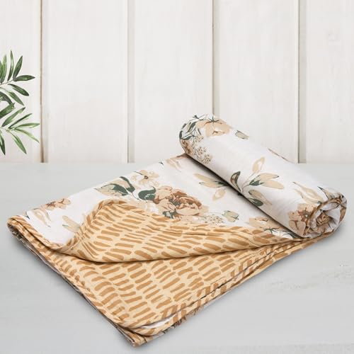Image of HUESLAND 100% Cotton Reversible Dohar Toddler Size | Soft Cambric Weave, All Weather Light Comforter AC Quilt | Infants-New Born Blanket | 41 x 55 inches, Blushing Blooms - White, Sandcastle & Green