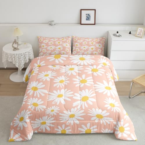 Girls Daisy Twin Size Comforter Set,Kids Pink White Yellow Decor All Season Bedding Set,Teens Daisy Flowers Comforter,Children Spring Floral Decor Quilt Set Bedroom Collection 2Pcs