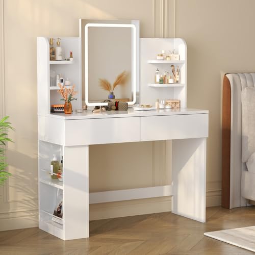 Devoko Dressing Table with LED Mirror,3 Light Colors,Adjustable Brightness,Vanity Table,108x40x136cm,Makeup Desk with 2 Drawers and 4 Storage Shelves,Modern White