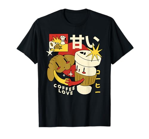 Lindo Croissant Café Japonés Kawaii Retro Vintage Cartoon Camiseta