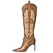 JANSEVEN Western Boots for Women Knee High Cowboy Boots with Embroidered Cowgirl Boot Stiletto High Heel Boot Pointed Toe Side Zipper 3.5 Inches Fashion Boots Size 6
