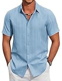 COOFANDY Men's Casual Button Down Shirts Short Sleeve Summer Beach Textured Shirts Light Blue