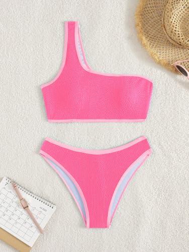 Image of YIMISAN Women's Ribbed Bikini Sets One Shoulder Top with Mid Waist Two Piece Bathing Suit
