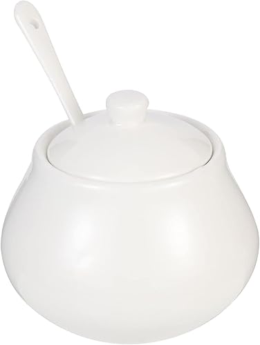Azucarero con tapa y cuchara, tarro de azúcar de cerámica blanca, recipiente de condimentos de porcelana para el hogar, cocina, cafetería, bar