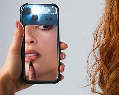 ICU Designs Mirror Cell Case, iPhone 14 Case for Women, & Men, Selfie Light for iPhone, Light Diffuser for Day and Night Setting, Vanity Mirror, TPU Shockproof Cover, Magsafe Compatible (Black)
