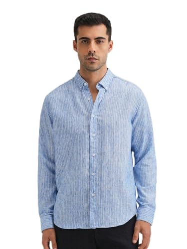 Image of Banana Club Elegant Lucent White Stripe Blended Linen Shirt for Men | Casual Stylish Long Sleeved Regular Fit Button-Down Collar Men's Wear | Shirt for Parties Office Daily Comfortable