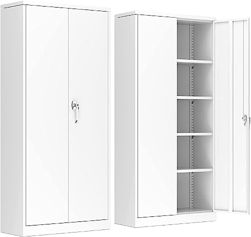 SUXXAN Metal Storage Cabinet with 2 Door and 4 Adjustable Shelves, 71 inch Tall Steel Cabinet for Warehouse, Garage, Home, Office,Easy Assemble Required(White)