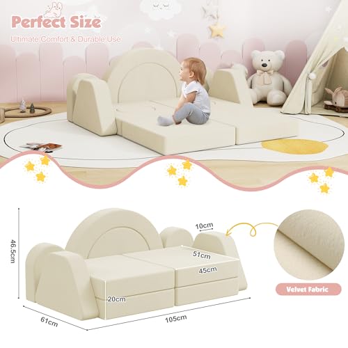 Image of HedoAjim 12 PCS Modular Kids Play Block Soft Child Couch Sofa Toddler Building Fortplay Climbing Bedroom Playroom Baby Convertible Floor Foam Cushion for Kids(Beige-Double)