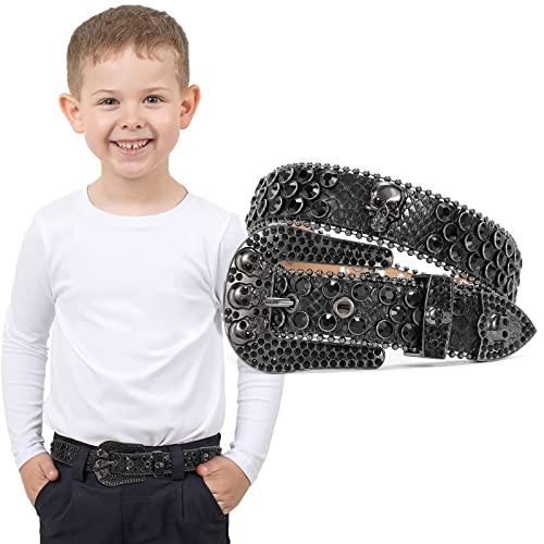 SUOSDEY Kids Rhinestone Belt Skull Stylish Leather Belt for Boys Girls, Western Bling Cowboy Cowgirl Belt for Jeans Pant