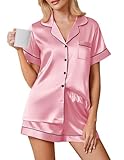 Ekouaer Señoras Pijama de satén de Manga Corta Botón Frente Dos Piezas Inicio Set