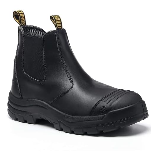 DIIG Work Boots for Men, Soft Toe Waterproof Working Boots, Slip Resistant Anti-Static Slip-on Safety Working Shoes 8 9 10 11 12 13 (BK/802EE, 11.5)