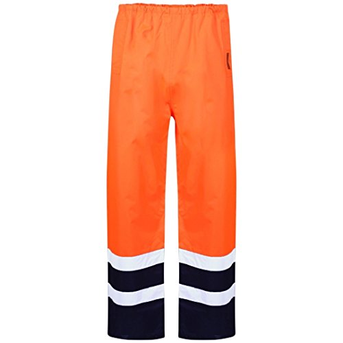 MyShoeStore Hi Vis Viz 2 Band Pu Over Trousers High Visibility Waterproof Safety Work Wear Reflective Tape Stripe Elasticated Waistband Bottoms Workwear Pants(Orange/Navy, XL)