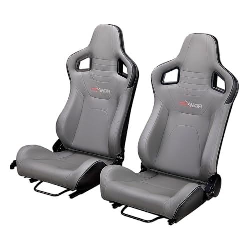 PEXMOR 2 Pcs Reclinable Universal Racing Bucket Seats w/Dual Slider, PU & Carbon Leather Adjustable Race Seats for Cars, Driver and Passenger Side, 21.5' W X 21.5' D X 38'H