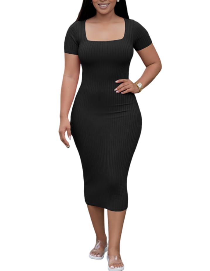 Image of TOPSRANI Women Sexy Midi Dress Bodycon Casual Sleeveless Basic Ruched Tank Summer Club Party Dresses