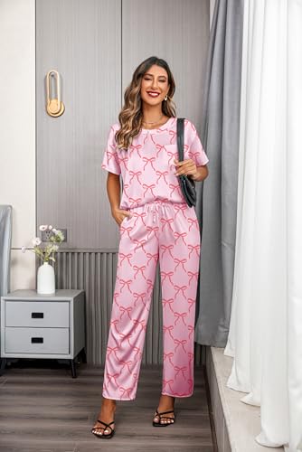 Image of Ekouaer Womens Satin Silky Pajama Set Short Sleeve Shirt with Long Pajama Pant Set Soft PJ Loungewear