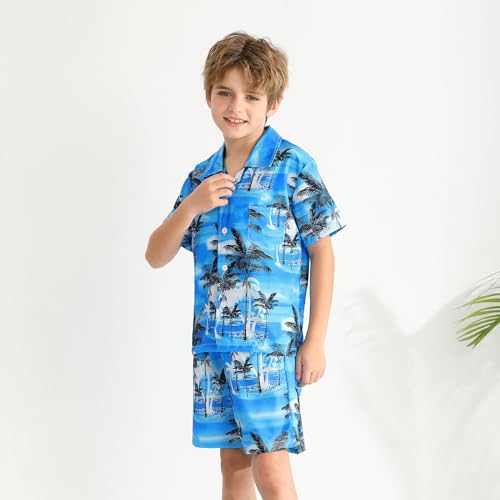 Image of Weixinbuy Boys Summer Outfits Short Sleeve Hawaiian Shirt and Shorts Vacation Set for Kids Summer Clothes Set