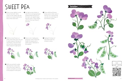 Drawing Class: Flowers and Friends in the Garden: Learn to Draw with Simple Shapes and Online Tutorials - Access video tutorials for 60 drawings via QR codes (2) – vue 6