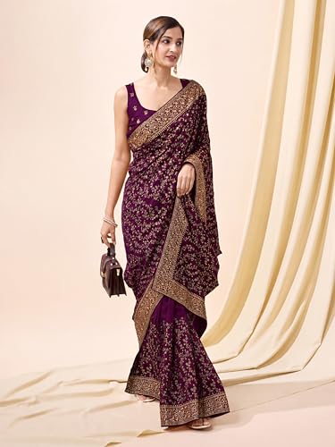 Image of TRENDMALLS Women's Vichitra Silk Heavy Embroidery With Siroski Stone Work Saree with Unstitch Blouse Piece For Women