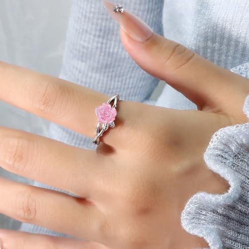 Dainty Rose Flower Leaf Branch Statement Ring for Women Silver Plated Elegant Floral Thorny leaves Adjustable Expandable Open Wrap Finger Rings Comfort Fit Birthday Wedding Holiday Jewelry2