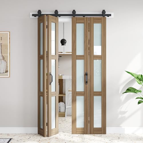 Image of FREDBECK Bifold Barn Doors 48X84(12x84) Frosted Glass, Brown Bifold Doors
