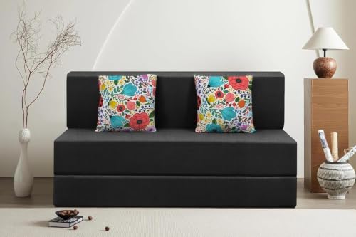 Image of Rosebell Foldable Two Seater Sofa Cum Bed, Sofa Bed 4X6 Feet, Jute Fabric- with Cushion Perfect for Home & Office - Black-Color