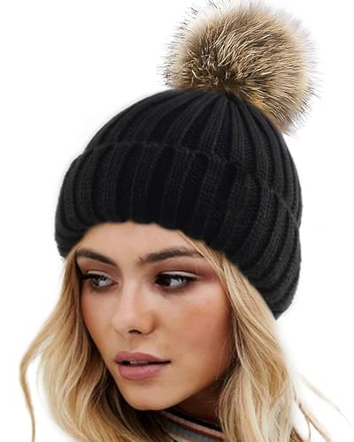 KASTWAVE Womens Winter Knitted Beanie Hat with Faux Fur Pom