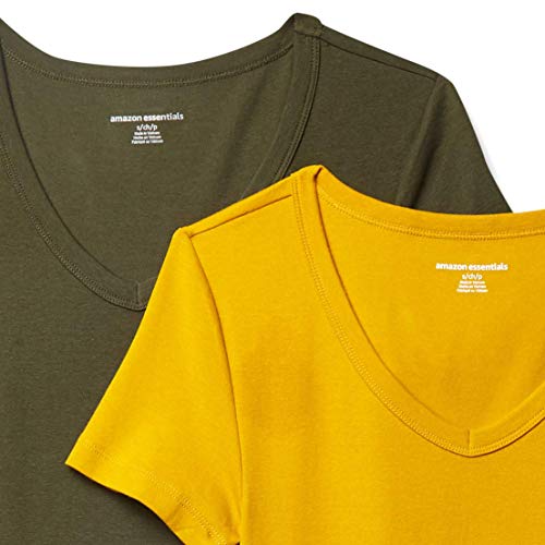Amazon Essentials Women's Slim-Fit Short-Sleeve V-Neck T-Shirt, Pack Of 2, Gold/Olive, Small #TOP5