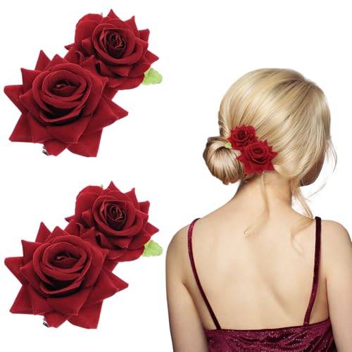 Set de 2 Broches para Cabello con Flor Roja miniatura 1