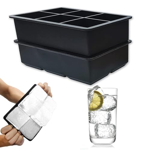 MEGAROOM Premium Ice Cube Tray - 2 Pcs 6 Grid Ice Cube Moulds Set - FDA Approved Food Grade Ice Molds - Flexible Silicone Ice Tray for Freezer, Odor Free - Parties, Drinks, Whiskey, Cocktails (Black)