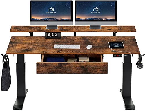 Rolanstar Standing Desk Dual Motor With Usb Charging Ports, 55" Adjustable Height Desk With Drawer And Monitor Shelf, Electric Standing Desk With 2 Headphone Hooks, Rustic Brown #TOP8